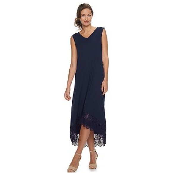 NINA Leonard Asymmetrical Crochet Lace Hem Navy Midi Dress - Picture 1 of 11